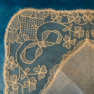 Antique Limerick Lace Handkerchief, Embroidered Bows, Clovers. Weddings, Something Old image 4