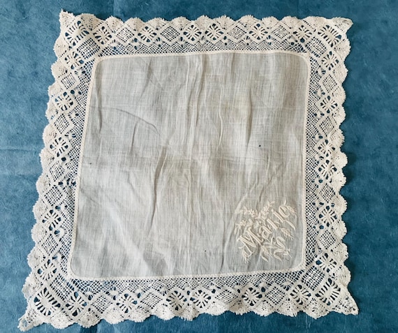 Antique Irish Cluny Bobbin Lace Edged White Handkerchief With Monogram. Wedding gift, Collectors Piece