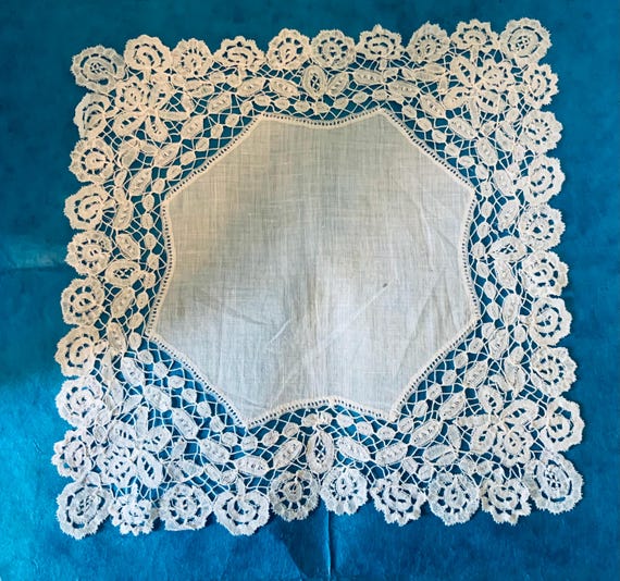 Antique Honiton Lace & Linen Handkerchief – Handmade, Late 19th Century, Wedding Gift, Collectors lace