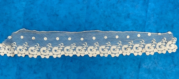 Antique Handmade Needle lace With Embroidered Motifs 19th Century Trim