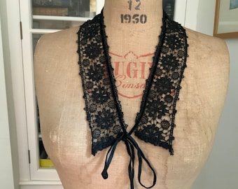 Victorian Le Puy, Linen Black, Bobbin Lace Collar With Velvet Ribbon