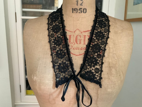 Victorian Le Puy, Linen Black, Bobbin Lace Collar With Velvet Ribbon