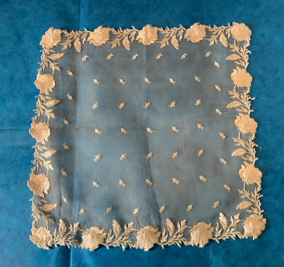 Stunning Antique Silk Tulle Embroidered Handkerchief, Embroidered Silk Flower Trim. Wedding Gift, Collectors Piece.