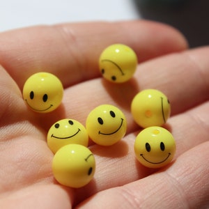 Yellow Smiley Face Bead - 10 mm acrylic spacer bead - 10 pc set