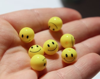 Yellow Smiley Face Bead - 10 mm acrylic spacer bead - 10 pc set