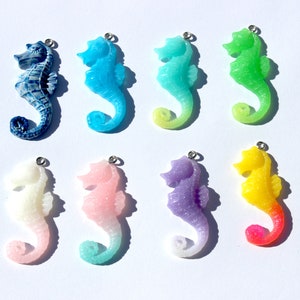 Flat-back Resin Seahorse Charm - 42 mm multicolor & silver glitter epoxy resin charm - 4 pc set