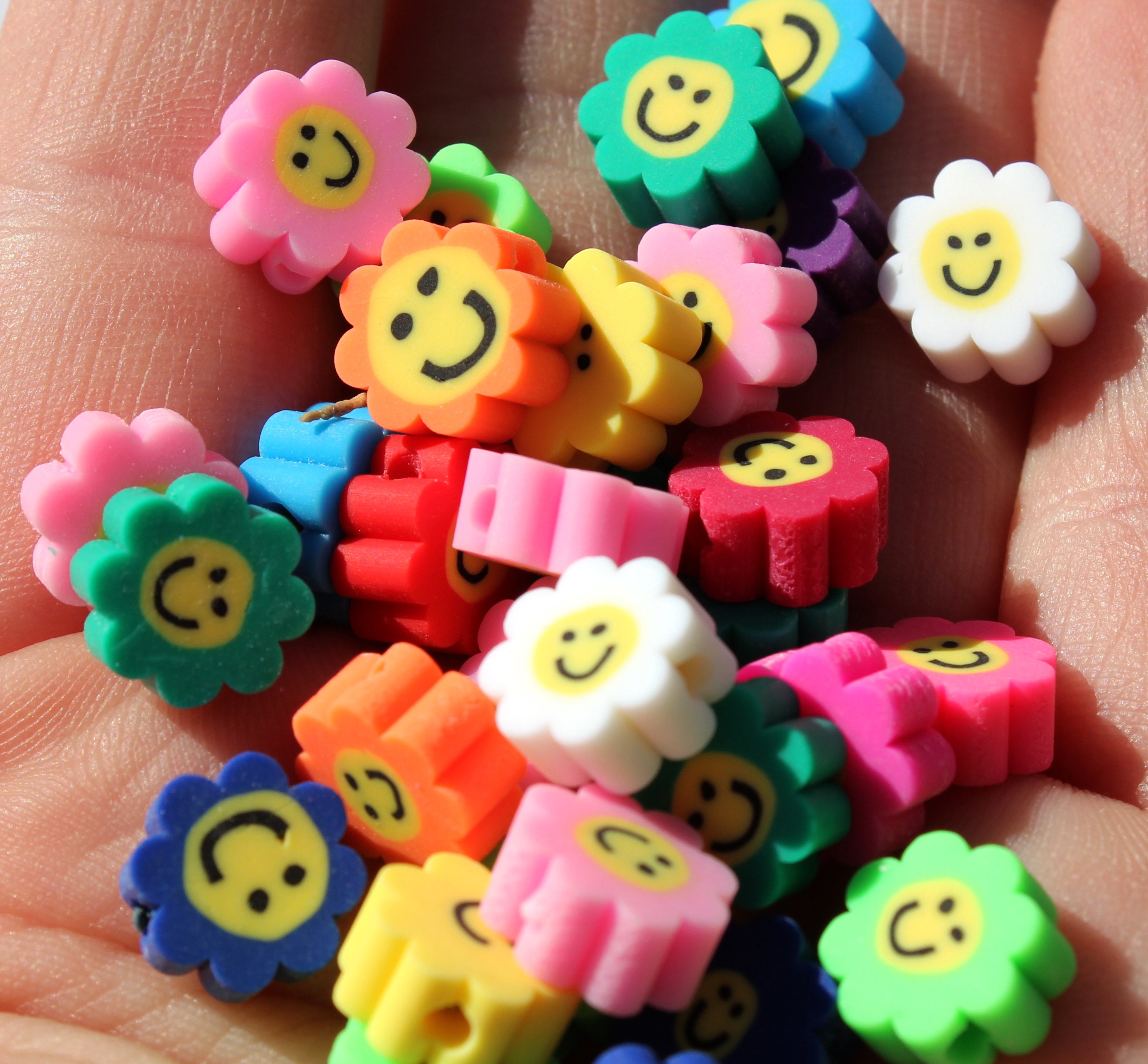 Smiley Face Flower Polymer Bead - 10mm polymer clay bead - 25 pc set