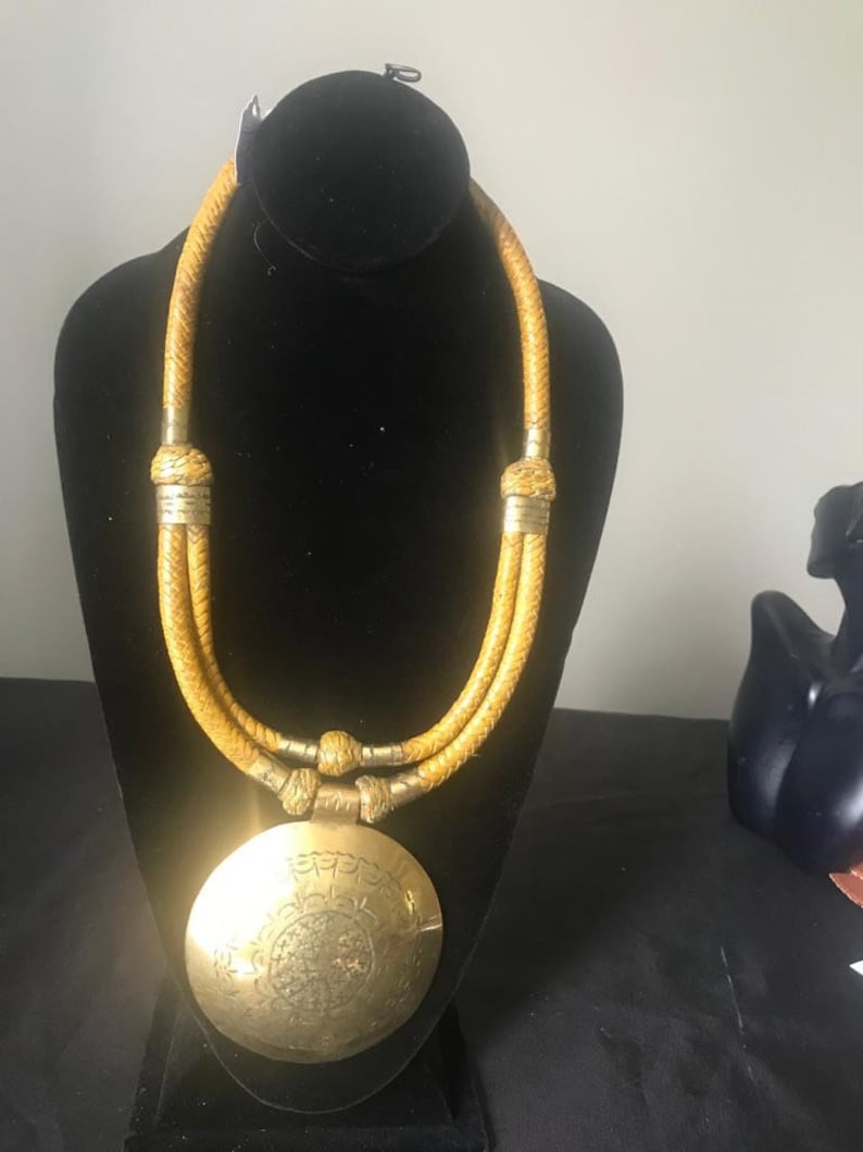 Round Brass Pendant Necklace w Leather Strands