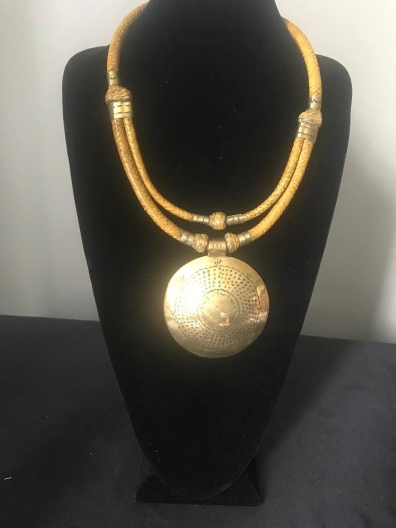 Round Brass Pendant Necklace w Leather Strands