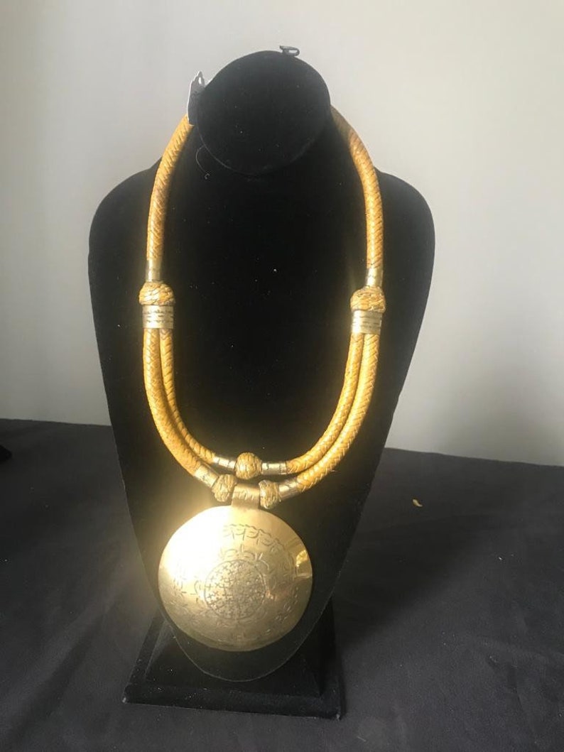 Round Brass Pendant Necklace w Leather Strands