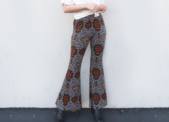 70's Vintage Style Olive Psychedelic Knit Bell bottom pants | Stretch Legging Boho Hippie Style | 70's Gypsy Festival Yoga Pants