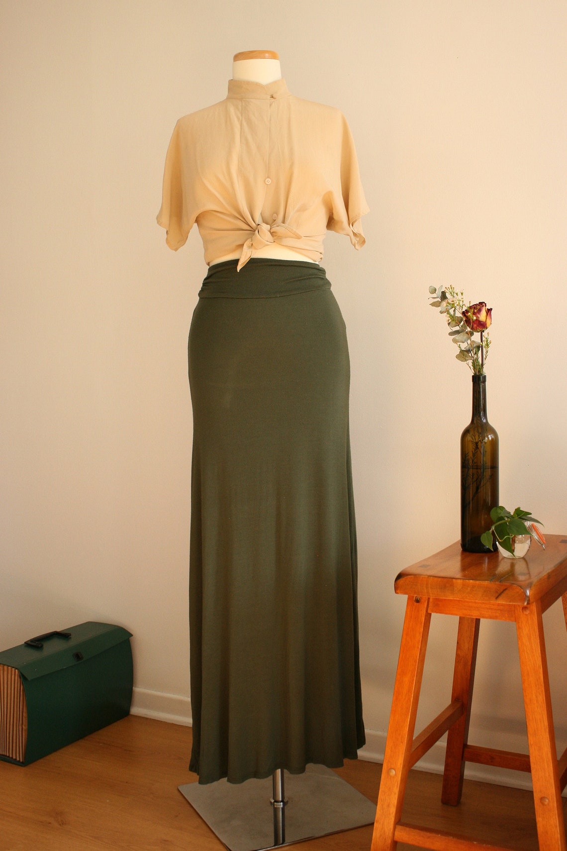 Long skirt green khaki high waist tight vintage Etsy