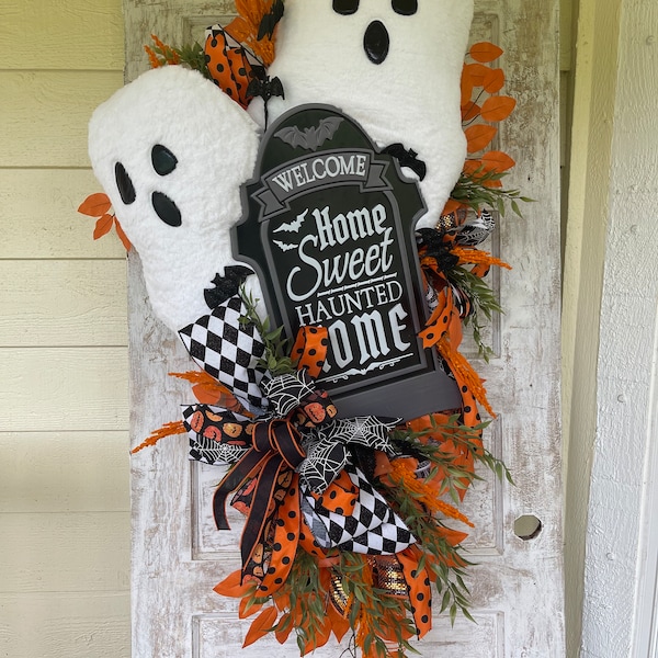 Ghost halloween door swag for front door, XL Halloween wreath, spooky cute Halloween decorations, fall swag for front door, Halloween party