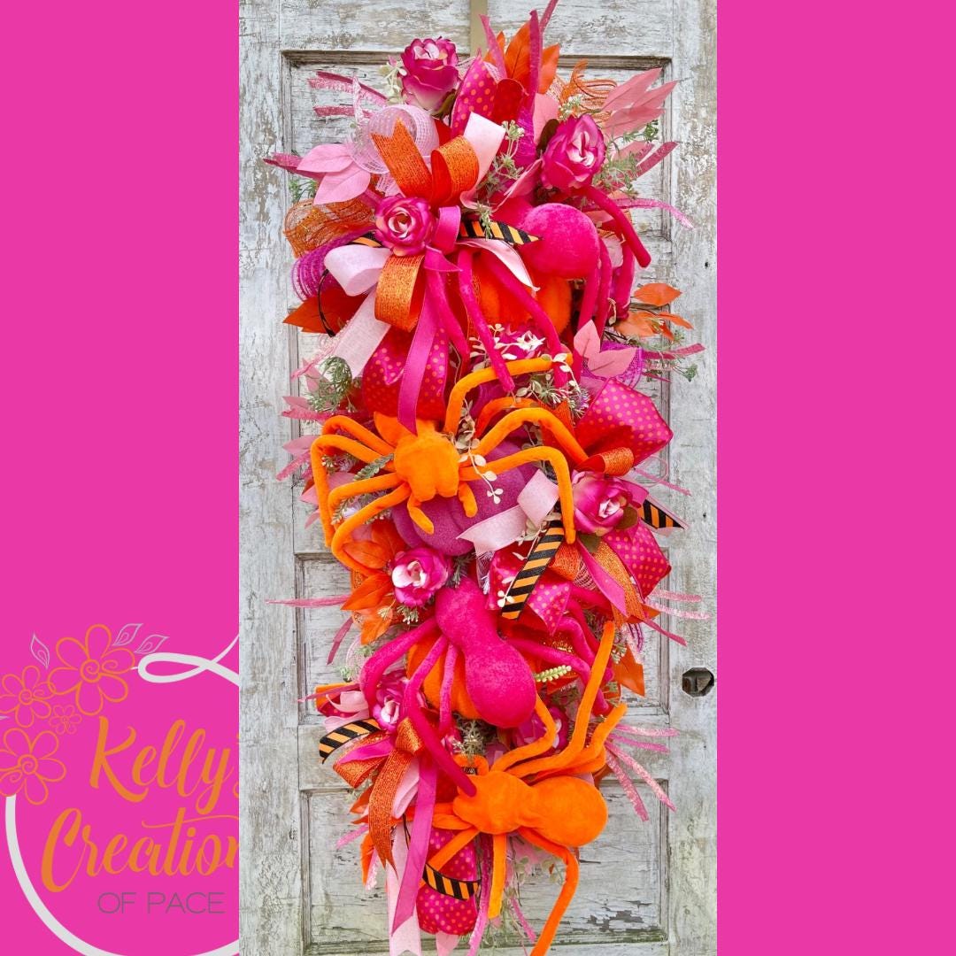 Flocked Spider & Pumpkin Halloween Swag: Bright Pink Orange Wreath