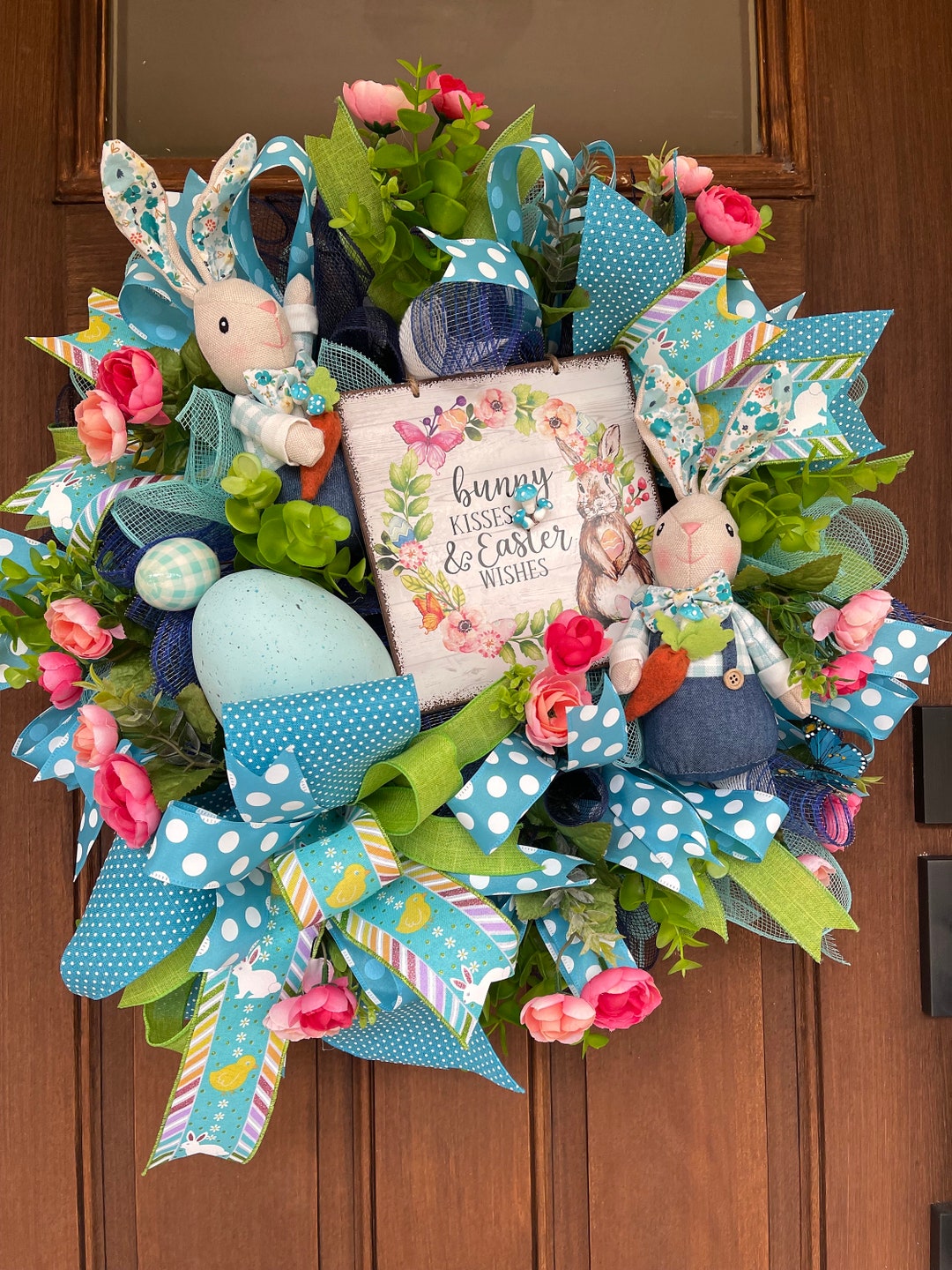 Blue and Pink Bunny Rabbit Wreath, Easter Garden Wreath, Wreath for
