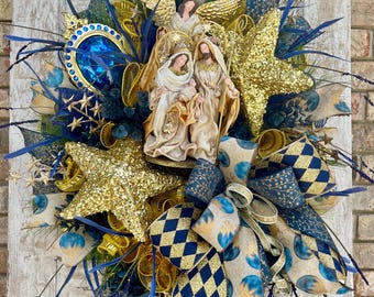 Nativity Wreath for front door, Holy Family Wreath, Christmas Decor, Elegant Christmas Wreath, blue gold glam Christmas wreath gem jewel