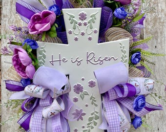 He has Risen Easter Wreath, Religious Wreath, Spring Porch Decor, Spring purple Wreath for Front Door, Cross Porch Decoration