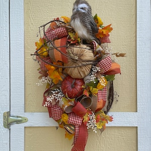 Rustic Fall Door Swag: Grapevine Wreath with Owl & Pumpkins