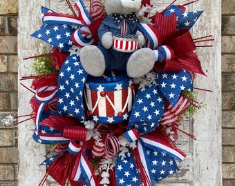 Patriotic Teddy Bear Wreath – Americana 4th of July Door Decor – Red White Blue Summer