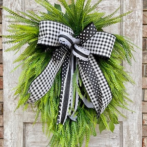 Greenery Wreath: Beaded Grass, Black & White Bow, Grapevine Base