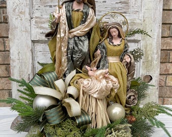 Elegant Holy Family Nativity Christmas Arrangement • Gold Accent Centerpiece • Holiday Home Decor Gift
