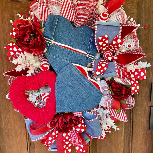 Valentines Wreath, Valentines Decor, Valentines Door Hanger, Heart Wreath, Patriotic Decor, Everyday Wreath, Denim Hearts, love wreath