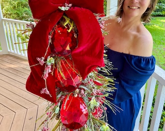 Christmas Swag for front door, Jeweled Wreath, Red Christmas, elegant Christmas decor, big bow, XL wreath, snowy berries, winter, greenery