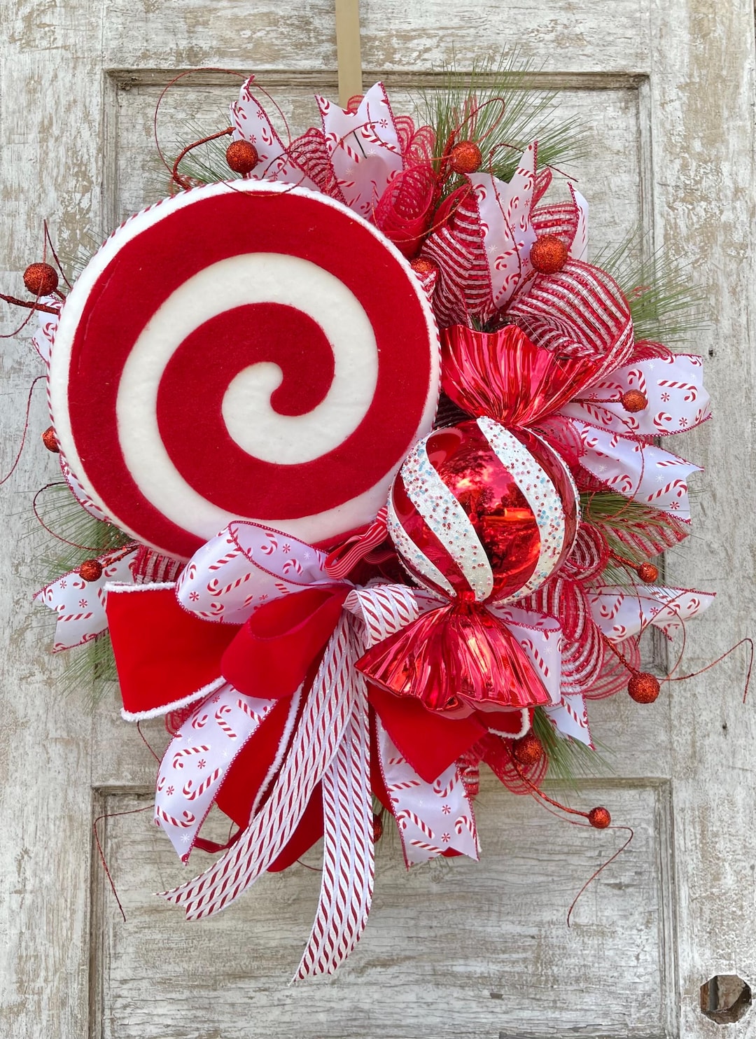 Christmas Wreath, Peppermint Wreath, Red and White Front Door Wreath ...