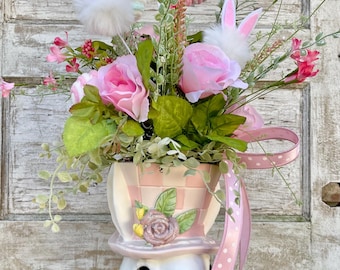 Easter bunny centerpiece, Whimsical Floral Easter arrangement, Bunny Spring decoration, Pastel floral table decor in rabbit head, top hat