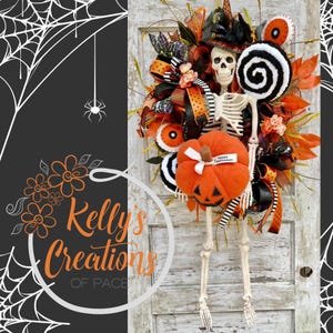 Halloween Skeleton Wreath with Plush Pumpkin & Candy Swirls | Spooky Door Decor | Halloween Wreath | Witch Hat Skeleton | Halloween Wreath
