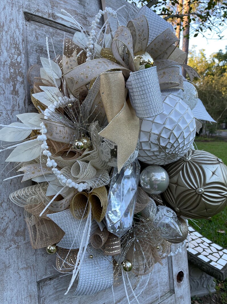 Christmas Wreath for Front Door, Jeweled Wreath, Silver & Gold