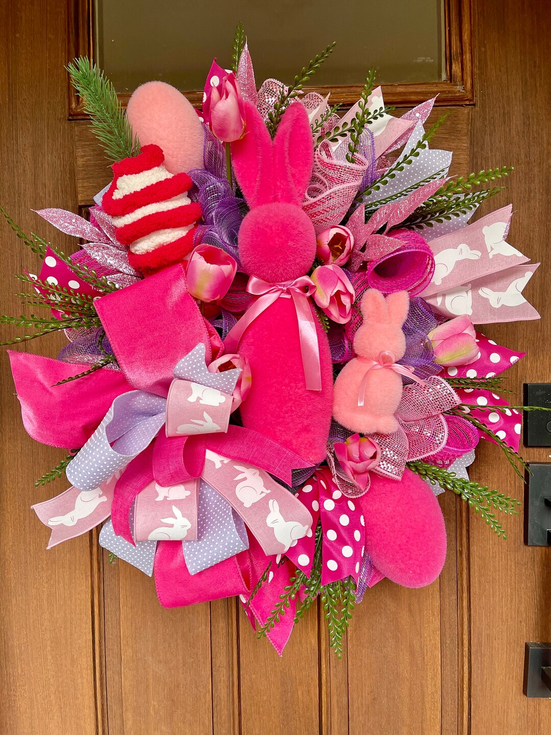 Flocked Bunny Rabbit Wreath, Easter Wreath for Front Door, Easter Decor