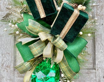 Christmas Swag for front door, Jeweled Wreath, emerald green and gold Christmas, elegant Christmas decor, designer ribbon, Christmas gift