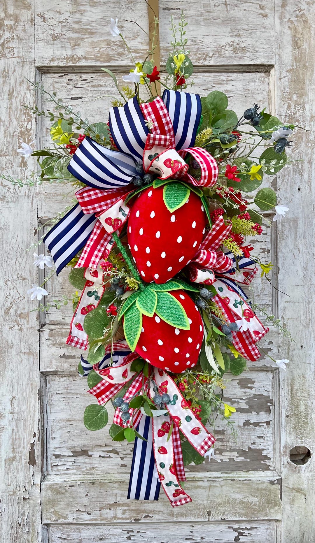 Strawberry Door Swag: Patriotic Summer Wreath, Red White Blue Berry ...