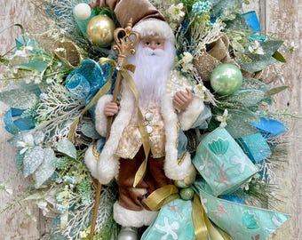 Elegant Santa Beach Christmas wreath, Beach Christmas wreath, Nautical Christmas Wreath for Front Door, Coastal Christmas Santa