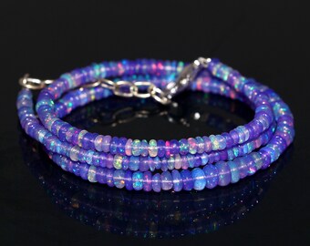 Handmade Fire Blue Opal Beaded Necklace: Ethiopian Opal Rondelle Beads