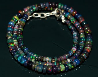 Genuine Ethiopian Multi Welo Fire Black Opal Rondelle Bead Beautiful Necklace. "16" Inches Length. Fire opal. Black opal bead strand. #2