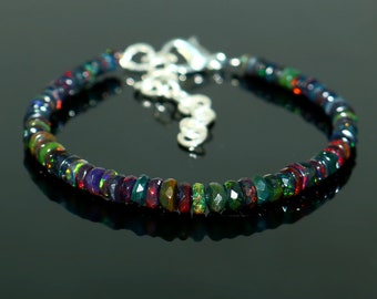 Sterling Silver Welo Fire Opal Bracelet: Black Opal Faceted Bead Jewelry