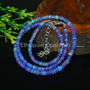 Natural Ethiopian blue Opal Bead Necklace. Purple opal bead necklace. Fire opal rondelle bead. Opal beaded necklace. opal smooth bead strand
