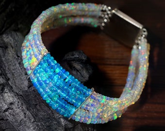 Handmade 5 Strand Opal Bracelet: Blue & White Gemstone Jewelry