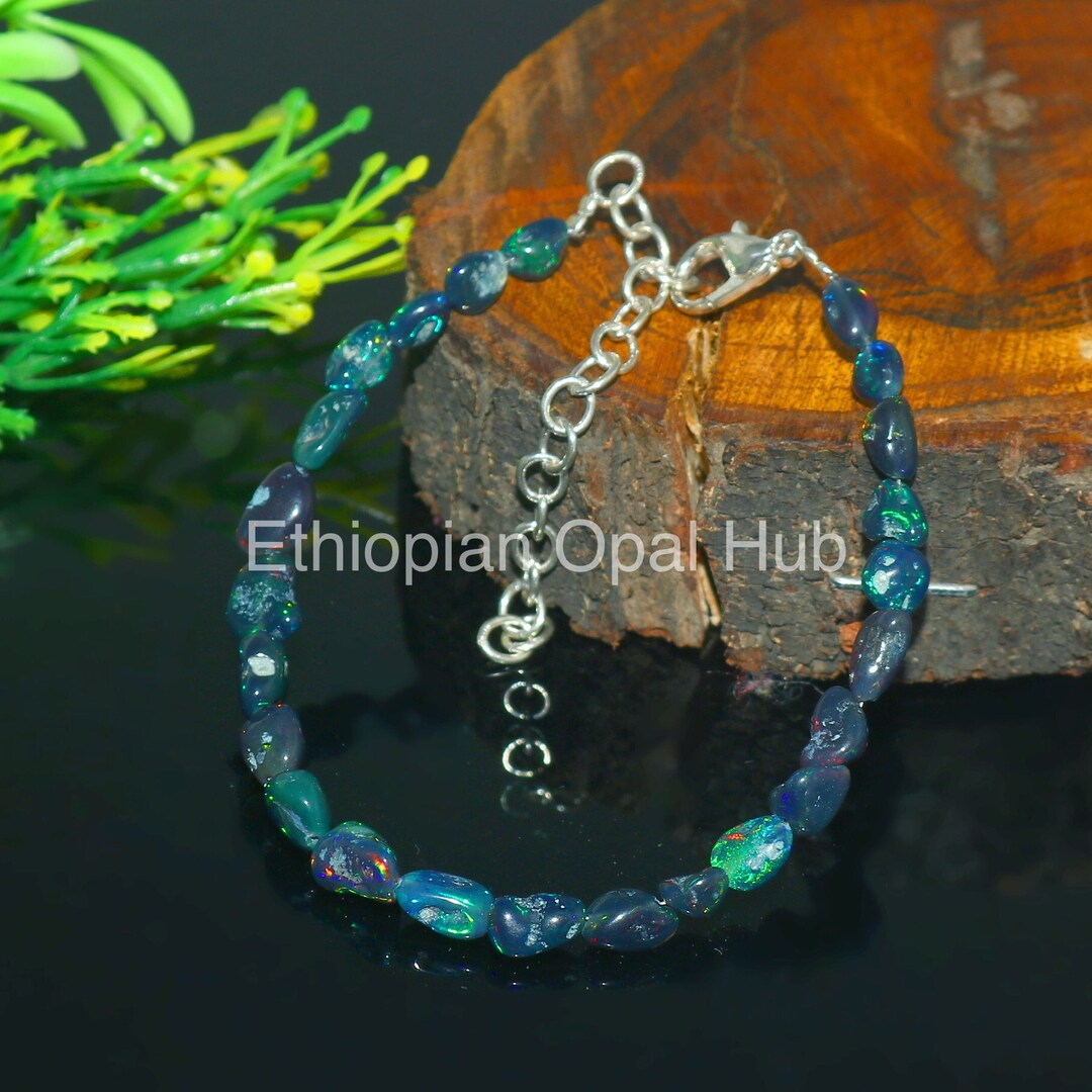thumbnail image 2 of Natural Ethiopian Fire Opal Gemstone Beads Bracelet - 7 Inch With Chain, F3242 2 of 3