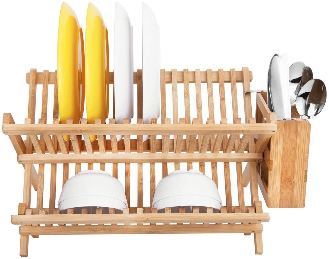 Bamboo Dish Drying Rack with Utensil Holder Collapsible Dish Etsy