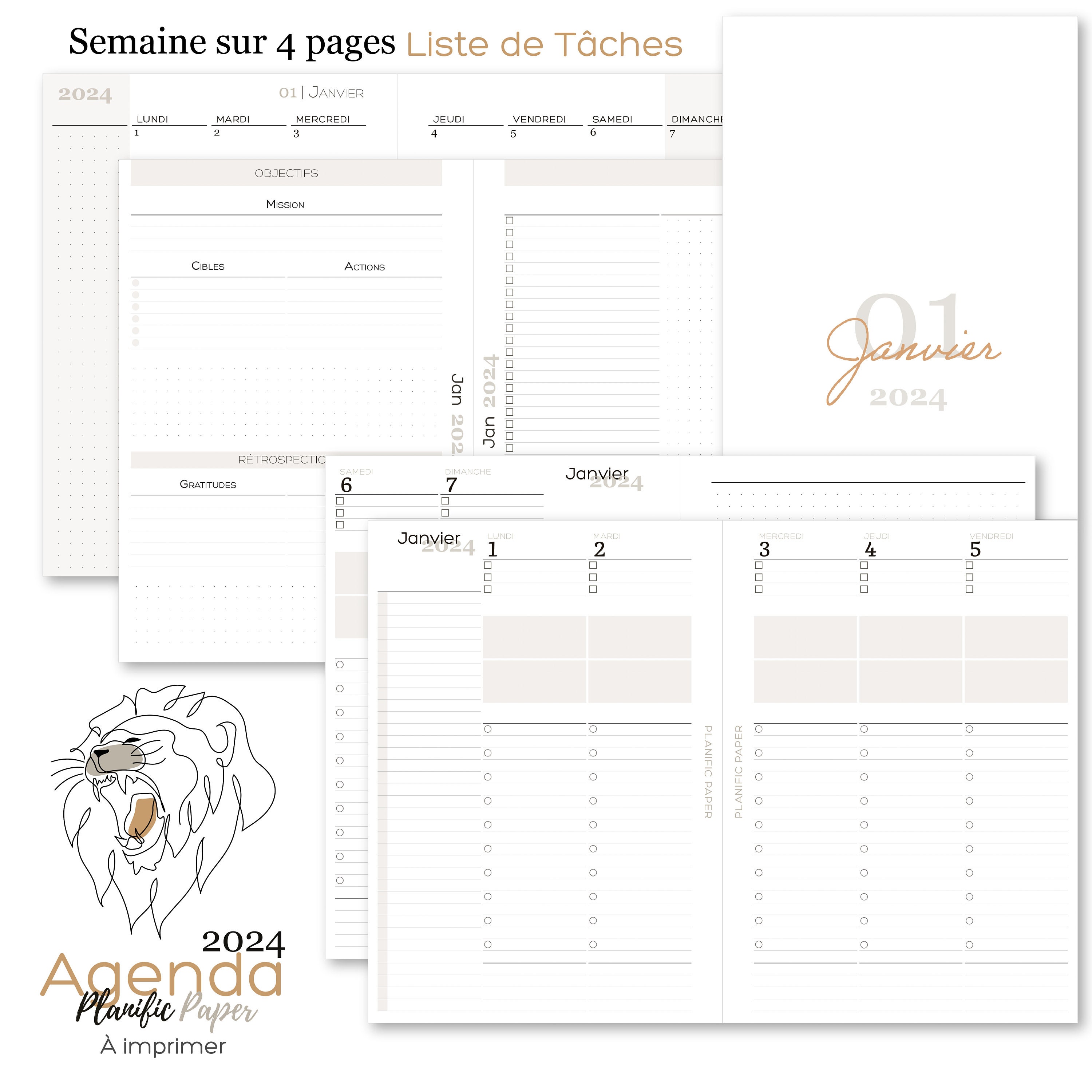 2024 French A5 Printable Agenda Week on 4 Pages Jan's To-do List. to Dec.  Dated Minimalist and Refined Planific Paper 