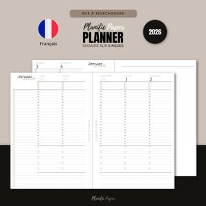 Peut inclure: Un planificateur numérique avec le texte "Planific Paper PLANNER" et "SEMAINE SUR 4 PAGES". Le planificateur est daté de 2026 et comprend un drapeau français et le mot "Français". Les pages du planificateur sont blanches avec une mise en page en grille.