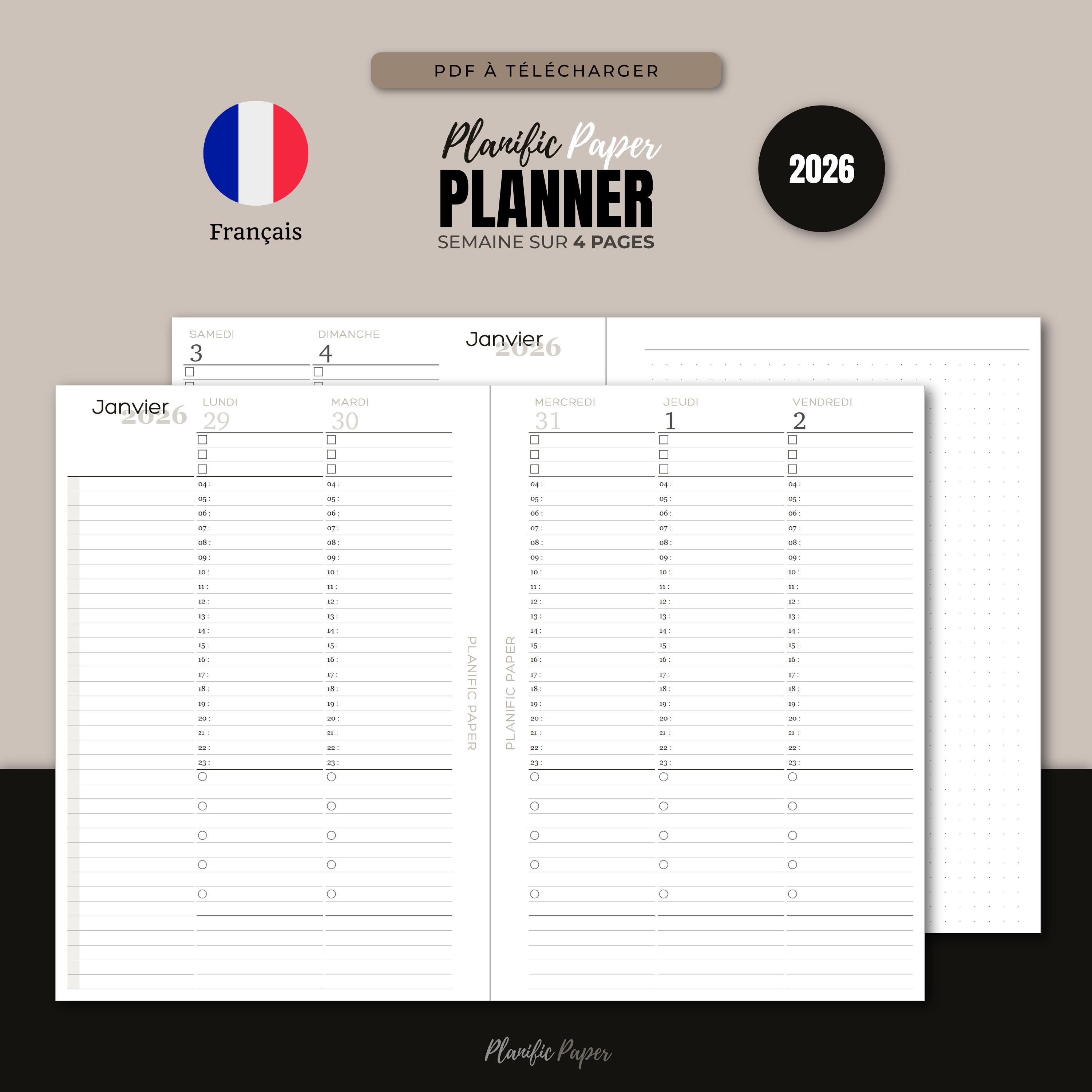 2026 Complete Printable Planner - French - Early-Bird Hourly + Task List Weekly Planner - 4-Page Layout Fully dated