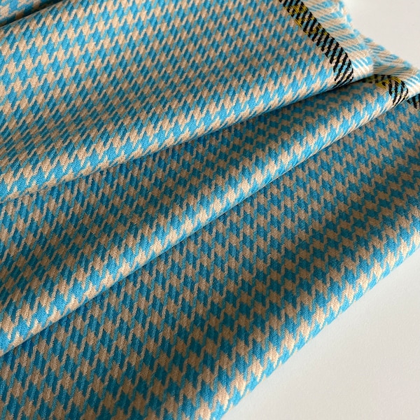 Tissu de laine italien de luxe LANA VERGINE, tissu motif pied de poule, qualité premium, couleur : bleu-beige, dernière pièce 1,60 mètres