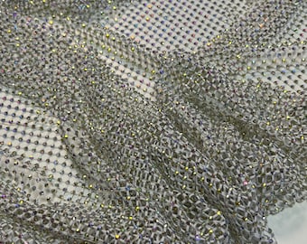 Exclusive Italian iridescent rhinestone fabrics on black 4-way stretch mesh, mesh fabric with colorful crystals (no plastic)