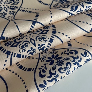 Exclusive Italian linen fabric, designer fabric in famous designer style, high quality, color: light peach-blue