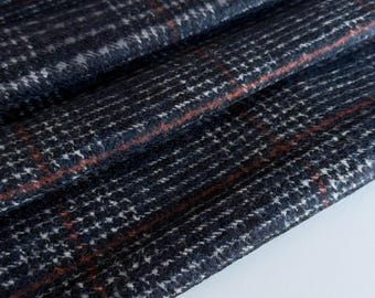 Exclusive Italian wool fabric, famous designer fabric, checked fabric, light and soft, color: dark blue