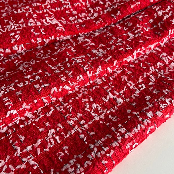 Esclusivo mix di cotone francese - tessuto TWEED, tessuto estivo, famoso tessuto di design, tessuto chanel, alta qualità, colore: rosso con bianco
